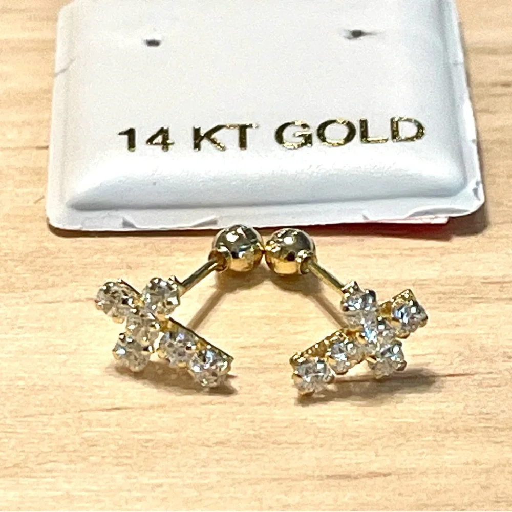 14K Gold Cz Cross Stud Earrings -with Ball Screw Back